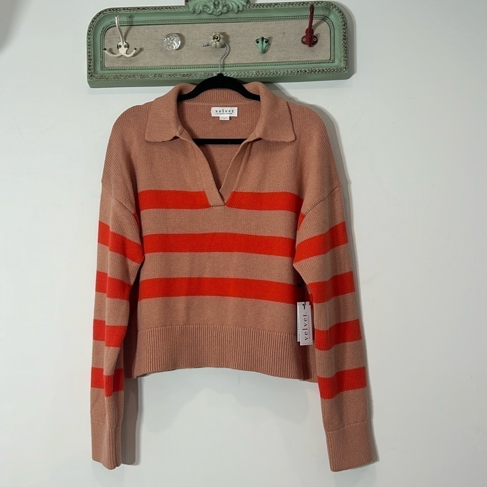 VELVET BY GRAHAM & SPENCER Women's Lucie Cotton Cashmere Striped Polo Sweater XL